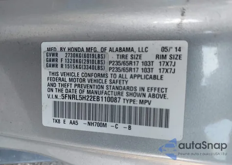 2014 Honda Odyssey Lx из США, поврежденный, VIN 5FNRL5H22EB110087